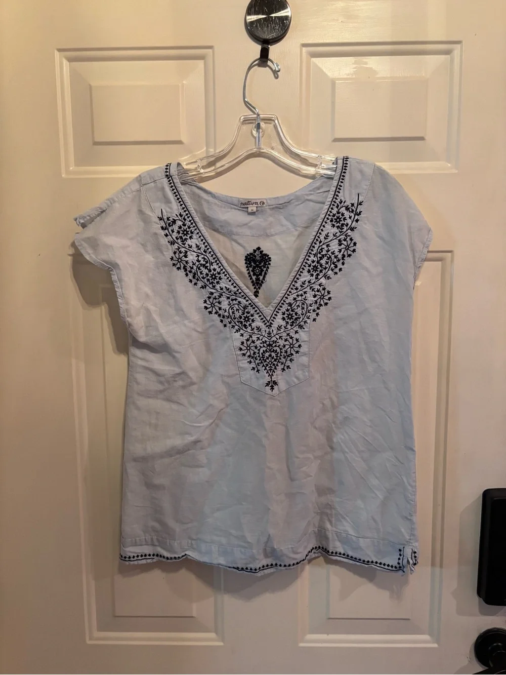 Anthropologie Natura Embroidered V-Neck Blue Top - Picture 5 of 6